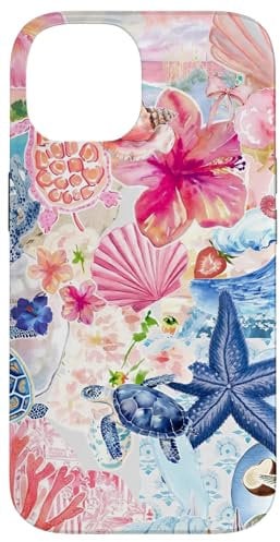 European Summer Preppy Collage Hibiscus And Turtle Case for iPhone 14