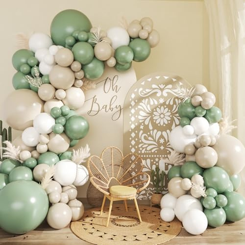 CROSSFINGERS Sage Green White Balloon Garland Arch Kit,145pcs Green Sand White Balloons Different Sizes for Birthday Baby Shower Gender Reveal Bridal Weddings Party Decoration