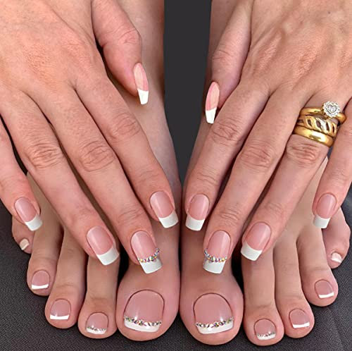 48 Pcs French Falsche Nägel zum Aufkleben mit Diamonds und Fußnägel Kit - Full Cover Künstliche nägel Set für Maniküre DIY - 12 Größen Press on Nails & Fussnägel Zum Kleben für Frauen & Mädchen