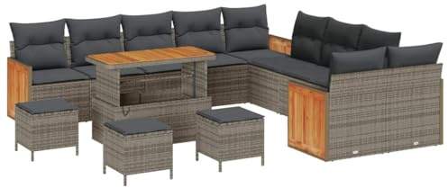 vidaXL 4-sitziges Gartensofa mit Kissen – modernes, graues Poly-Rattan. Bequeme Outdoor-Möbel für Terrasse und Balkon. Wetterbeständige Couch aus Akazienholz für Deine Lounge.