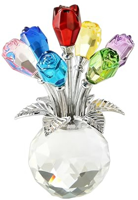Upriver Bunte Rose Blume Kristall Figur mit Vase 12cm/4.72inch Rosenfigur aus Kristall, Romantisches Geschenk für Sie/Frau/Mutter/Frauen