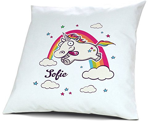 printplanet Kopfkissen mit Namen Sofie - Motiv Verrücktes Einhorn, 40 cm, 100% Baumwolle, Kuschelkissen, Liebeskissen, Namenskissen, Geschenkidee