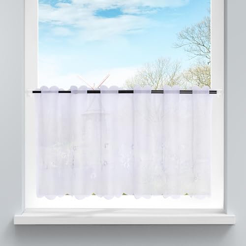 HongYa Voile Scheibengardine Transparenter Cafe Vorhang Kurzstore mit Blüten-Stickerei H/B 45/90 cm Weiß