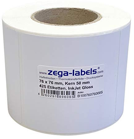 Inkjet Etiketten auf Rolle - 76 x 76 mm - 425 Stück je Rolle - Kern: 50 mm - Papier weiss glänzend - aussen gewickelt - permanent haftend - Druckverfahren: Ink Jet (Rollen Tintenstrahl Drucker)