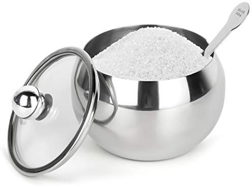 Hanmir Zuckerdose aus Edelstahl mit transparentem Deckel und Zuckerlöffel, 240 ml, Zuckerbehälter für Zuhause und Küche
