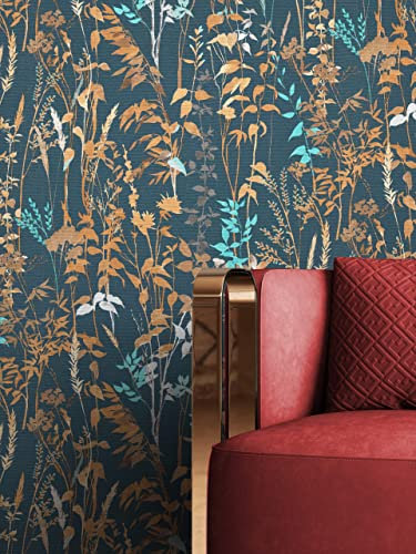 NEWROOM Papier peint Bleu Fleur Intissé - Floral Marron Feuilles Rameau Romantique