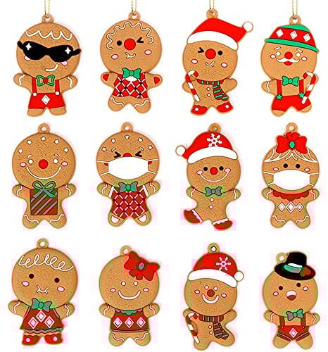 12PCS Easter Christmas Gingerbread Ornaments, Gingerbread Tree Decorations Ginger Man Clay Figurine with Strings Hanging Ornaments for Xmas Tree Holiday Party Festive Season