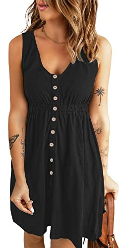 AUSELILY Sommerkleid Damen Casual Button Down Mini Kleid Cute V Neck Strandkleid mit Taschen Schwarz XL