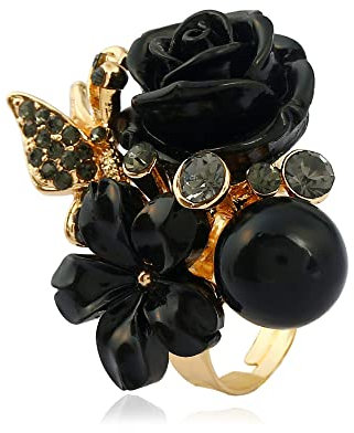IMINI Bague de mariage rose en zircone cubique pour femmes et filles, bague de fiançailles ronde en strass acrylique, marguerite réglable, bague de cocktail pour la Saint-Valentin (Noir)