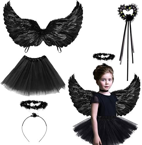 GAROMIA Alas de ángel negras, alas de ángel, halo y falda tutú, varita mágica, alas de ángel, disfraz de Halloween, fiesta, disfraz para niños, adultos, cosplay, disfraces, decoración