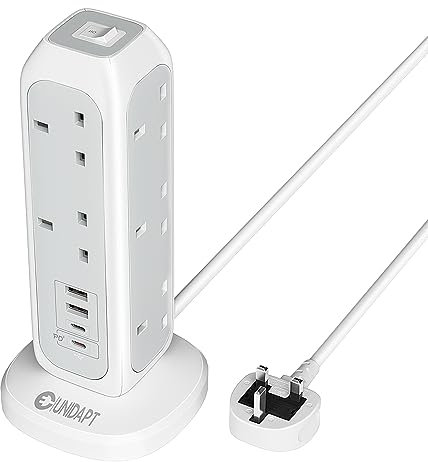 Tower Extension Lead 5M with 4 USB Ports – Unidapt 5M Extension Cable, 20W USB-C Fast Charger, Multi Socket Plug, Surge Protected Power Strip with Switch for Home and Office