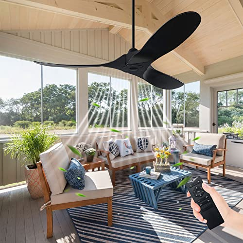 OUENGK 60 Inch Solid Wood Ceiling Fan with Remote, Modern Outdoor Ceiling Fan without Light, Quiet Damp-Rated Propeller Ceiling Fans No Light, 6 Speeds Timer Reversible, for Patio(black 60 inch)
