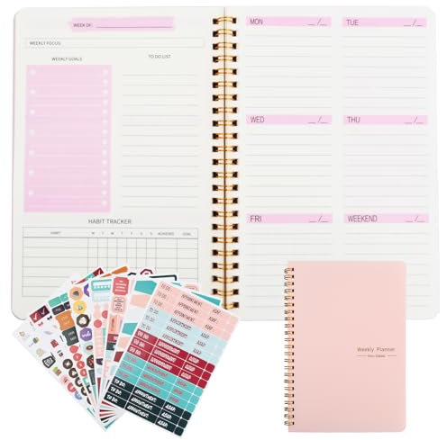 Planner Settimanale A5, Agenda Planning con 8 Adesivi Planner, Agenda Settimanale Portatile To Do List Carnet, Pianificatore Settimanale per Studio e Lavoro (Rosa)