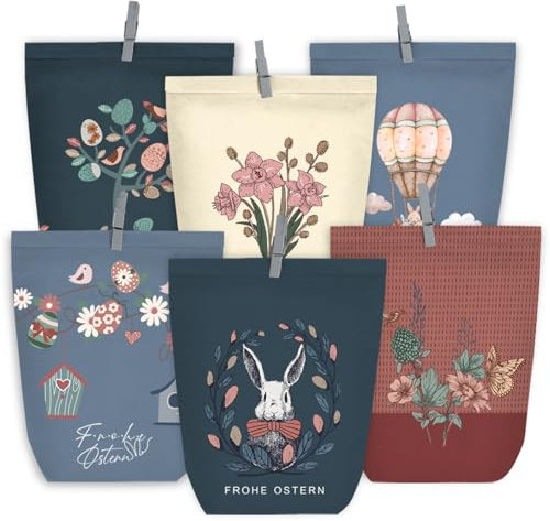KOHMUI Geschenktüten Ostern, 24 Ostertüten zum Befüllen, Bunt Bedruckte Tüten mit Klammern, Karikatur Osterhasen Basteln Set