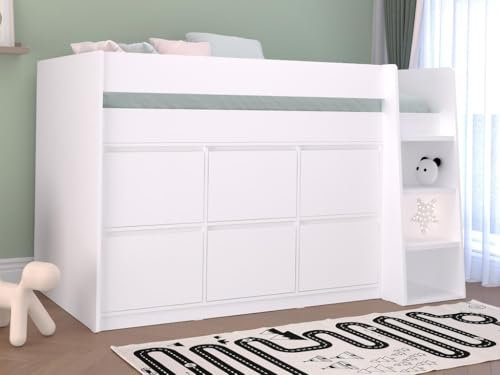 Vente-unique-Hochbett mit 6 Schubladen - 90 x 190 cm - Weiß + Matratze - CAMALETI
