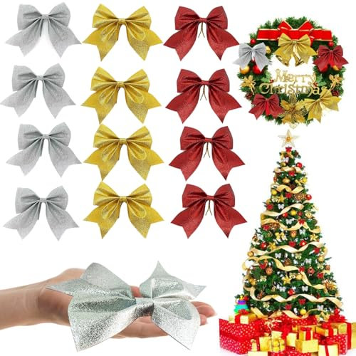 sizzlepop 12 PCS Weihnachtsschleifen, Schleifen Weihnachtsbaum, 3 verschiedenfarbige Schleifen, Christbaumschmuck Schleifen, Weihnachtsbaum Deko für Türen, Fenster, Gärten