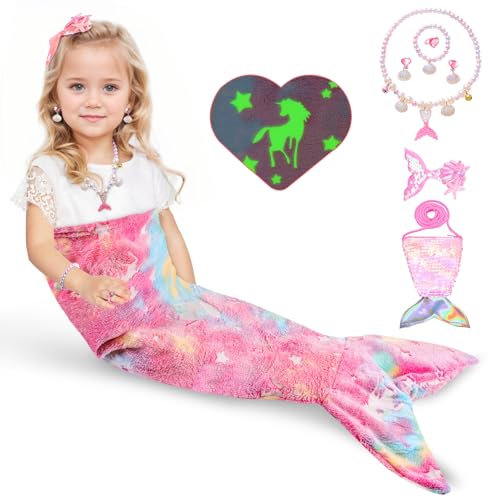 Cyiecw Meerjungfrauen Decke Mädchen Kinder 100x50CM, Meerjungfrauenflosse Mädchen Decke Leuchtet im Dunkeln, Meerjungfrau Flanell Blanket mit Pailletten Portemonnaie und Mermaid Schmuckzubehör