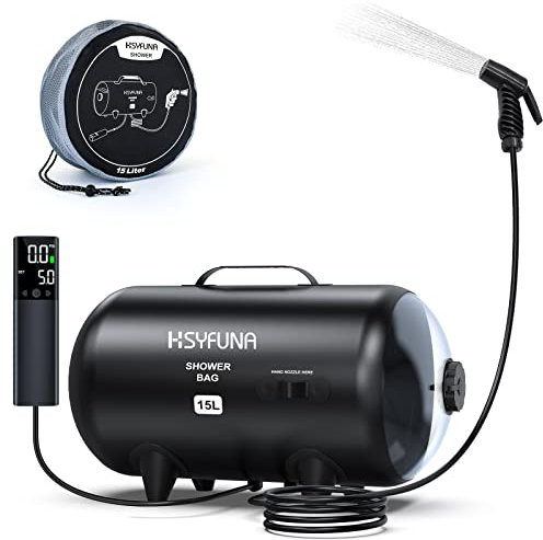 HSYFUNA Ducha portátil de camping de 20 l con indicador digital de temperatura, ducha para exteriores con alcachofa de ducha, color negro