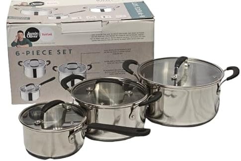 Jamie Oliver by Tefal 6-Piece Non-Stick Saucepan & Stew Pot Set with Glass Lids – Induction & Oven Safe Cookware. Stainless Steel Pan Set with lids. 3 Cooking pots with lids(Sizes 16cm, 20 cm & 24cm)