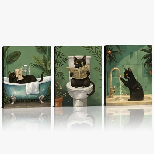 KAIRNE 3 Stück Lustige Katzen Badezimmer Bilder Schwarz Toilette Badezimmer