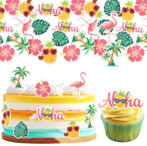 60 Pack Edible Tropical Aloha Luau Cupcake Toppers Palm Tree Flower Turtle Leaves Cupcake Picks Edible Pineapple Flamingo Cake Decorations for Summer Hawaiian Theme Baby Shower Birthday Party Supplies