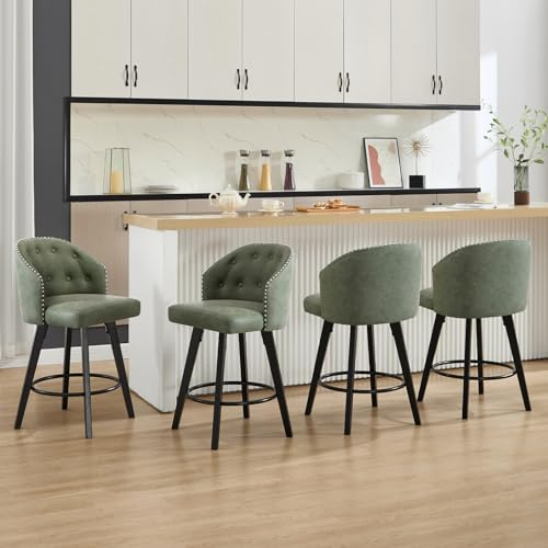 Relbiety Barhocker Grün 4er Set mit Lehne 360°Drehbarer, Küchenbarhocker Hoher Küchenstuhl mit Kunstleder Sitzfläche end Holzbeine,Barstuhl Modern für Küche,Theke,Bar