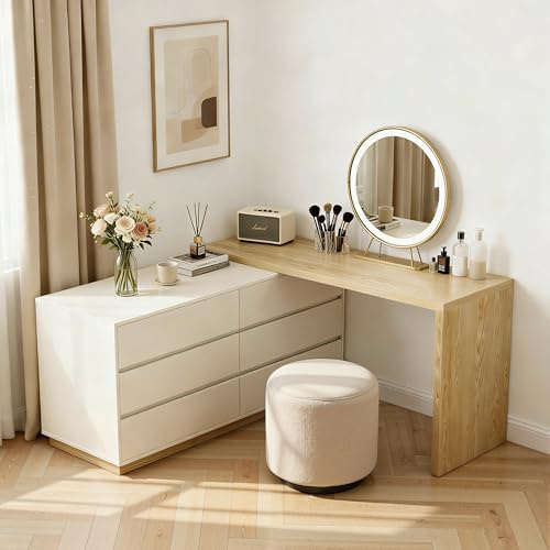 LineCrispton Extendable Vanity Desk with Drawers - Wooden Dressing Table | L-Shaped, 6 Drawers, Home Office Desk with Storage, Bedroom or Study Room, Girls and Adults