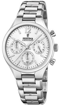 Festina Damen Chronograph Quarz Uhr mit Edelstahl Armband F20391/1, Silber