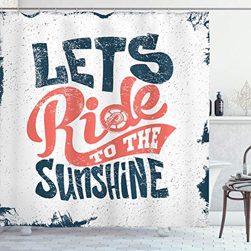 ABAKUHAUS Motorrad Duschvorhang, Lets Ride-Wörter, Stoffliches Gewebe Badezimmerdekorationsset mit Haken, 175 x 180 cm, Dunkles Petrolblau Korallenrot