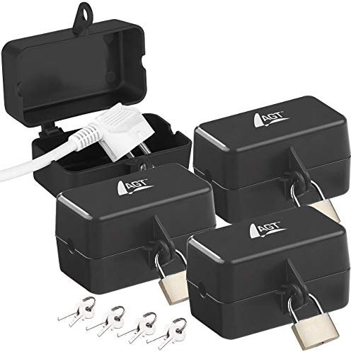 AGT Stecker-Schloss: 4er-Set abschließbare Stromstecker-Schutzbox mit Vorhängeschloss (Stecker-Safe, Steckerschloss Waschmaschine, Steckdose)