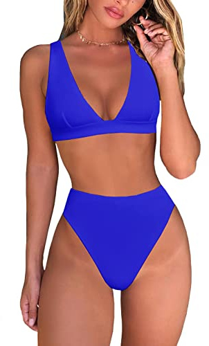 Fatty Tiger Womens High Waisted Thong Bikini Sets Sexy Brazilian Triangle Top Deep V Neck Two Piece Swimsuit Bathing Suits, Royal Blue, X-Large
