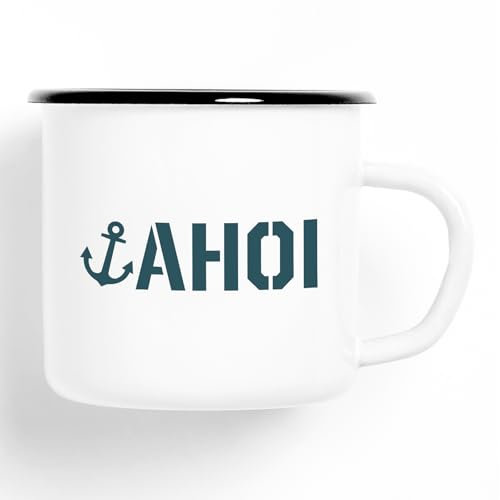 Huuraa Emaille Tasse Ahoi Anker Seemannsgruß Geschenk 300ml Vintage Ahoi Anker Geschenkidee