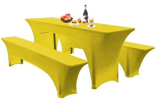 Elastische Hussen Für Bierzeltgarnitur Biertischhussen Bierbank-Auflage & Tischdecke 50 cm Oder 70 cm Tischbreite, 3 TLG Set Stretch Hussen Für Festzeltgarnituren Bierbank (70cm,Yellow)