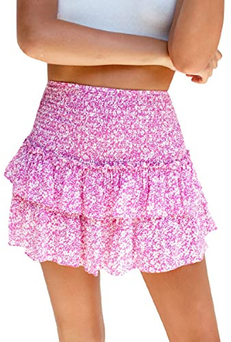 Damen Minirock Shortrock Boho Blumen Rock Plissierter Geblümt Sommer Rüschen A-Line Strand Kurzer Rock Casual Elastische Hohe Taille Kordelzug Falten Röcke Skater Skirts Sommerrock Rose Geblümt L