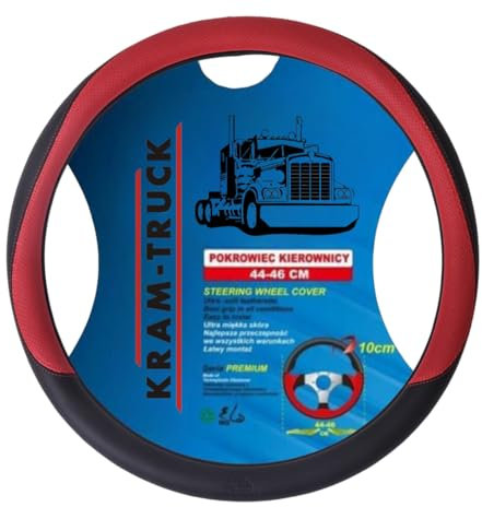 KRAM-TRUCK Auto-Lenkradbezug, rutschfest, LKW-Lenkradbezug 44–46 cm, für LKW und LKW, aus Öko-Leder, für Damen und Herren LKW mit Lenkradbezug (Schwarz & Rot)