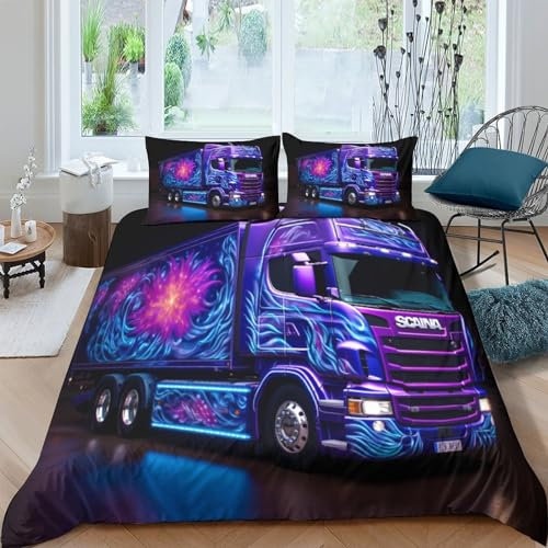 MEFESE Lila LKW-Bettbezug, 3-Teiliges Ultraweiches Bettwäsche-Set für Jungen, Mikrofaser-Polyester Mit Reißverschluss, Doppelbett