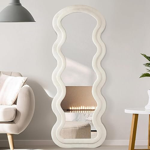Miroir de sol sur pied avec grand design ondulé – Miroir irrégulier pleine longueur, appuyé contre le mur miroir pour salon, cadre en bois enveloppé de velours