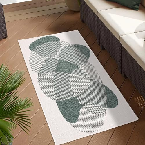 carpet city Outdoor Teppich Wetterfest 80x150 cm - Creme-Grün - Wendeteppich, Beidseitiges Geometrisches Muster - Balkonteppich Wasserfest Outdoor - Terrassenteppich