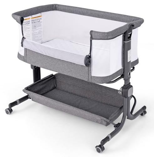 COSTWAY Lit Cododo Bébé avec Matelas & 6 Hauteur Réglable(75-85cm), Lit Bébé Pliable avec Inclinaison & 2 Sangles, Roues Universelles avec Frein, Charge 9KG pour 0-6 Mois (Gris Foncé)