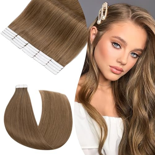 Rich Choices Tape Extensions Echthaar Tape in Extensions 40cm 10 Stück #6 Hellbraun Haarverlängerung Echthaar Remy Seidig Gerade Invisible Tape ins Haar Extensions Natürliche Haarverdichterung