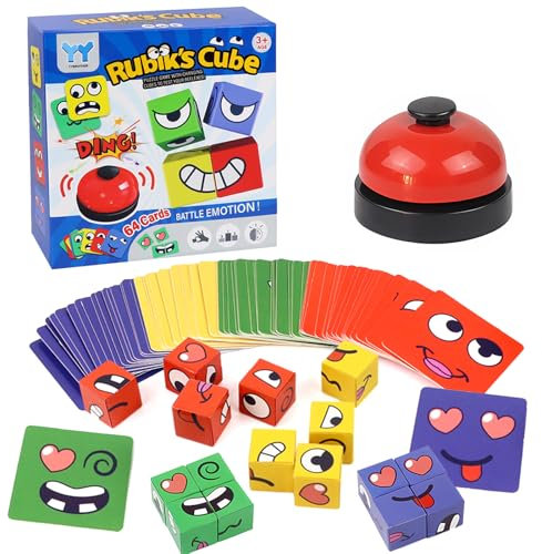 Hlayshing Zauberwürfelspiel aus Holz, 3D-Puzzle, Gesichtsverändernder Zauberwürfel, 64 Ausdruckskarten, Holzspielzeug, lustiges Puzzle-Set, 3D-Puzzle-Spielzeug für Kinder und Erwachsene