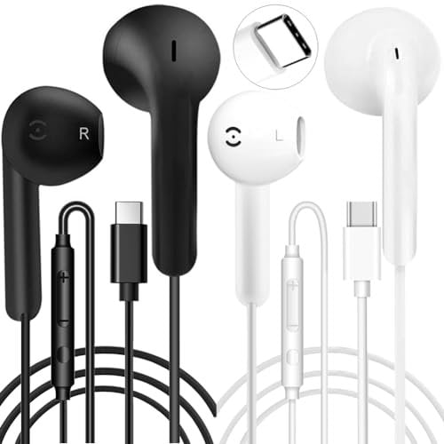 Paquete de 2 auriculares USB C con cable, auriculares USB C, auriculares intraurales con micrófono y control de volumen para iPhone 15 Plus, Samsung Galaxy S23, S22, S21 FE, iPad Pro, Huawei, Google