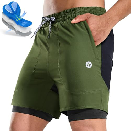 Nepest Mountainbike Hose Herren Kurz MTB Shorts Polster Bike Shorts Herren mit Tasche Radlerhose Olivgrün/Schwarz,L