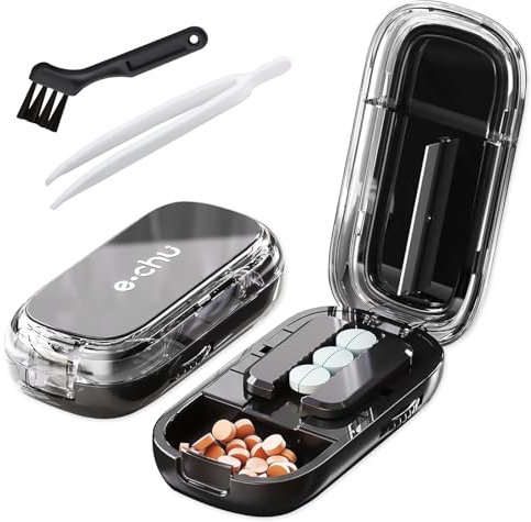 Taglia Pillole, Taglia Pastiglie con Lama, Tagliapillole con Spazzola e Pinzette, Taglia Compresse per Pillole Piccole Pillole Grandi, Porta Medicine da Viaggio per Taglia Pastiglie in 2 (Nero)