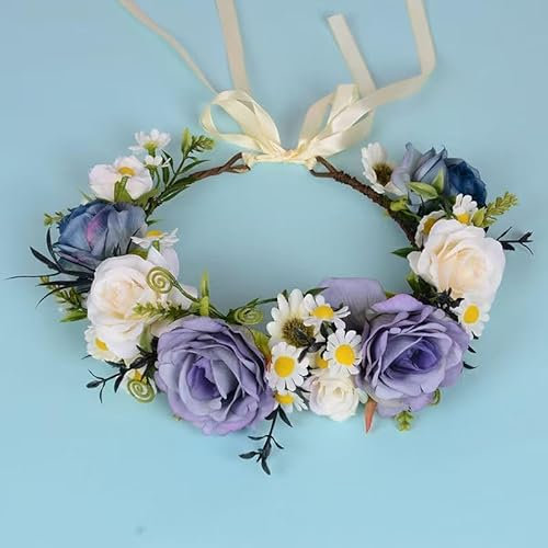 Nlqhyrexion Handgefertigt Blumenkranz Haare Lila, Blumen Haarreif Damen, Blumenkranz Kopfschmuck, Blume Krone Stirnband für Hochzeit/Foto/Frühling und Sommer
