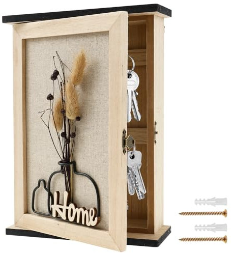 MENIBBLER Wall Mounted Key Cabinet With 6 Hooks, Vintage Wood Metal Holder, Wooden Key Box Decorative, Minimalist Safe Cupboard for Home Office Entryway(Wrought iron dried flower)