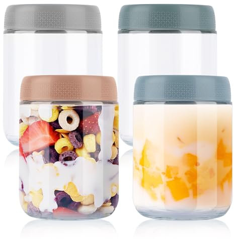 Yzpklhw Glass Jar with Screw Lid Leakproof, 4-Pack 16oz Overnight Oats Jar, Overnight Oats Container Yogurt Jars Oatmeal Salad Jars for Fruit Salad Cereal Snacks Spice(4 Colors)