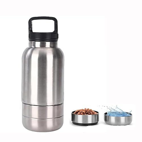 lmoikesz Travel Dog Water Bottle Bowl, 32oz 3-in-1 Insulated Stainless Steel Portable Dog Bowl for Hiking Camping, 3 Layers Detachable Leakproof Pet Water Dispenser with Handle (Silver, 32oz)