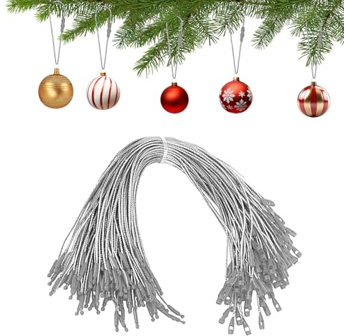 100 Stück Weihnachtsbaum Haken, Vorgeschnittene Hängeseile mit Schnappverschluss, Aufhänger für Christbaumkugeln, Kugelaufhänger Weihnachts Ornament Haken, Weihnachtskugeln Haken für Party (Silber)