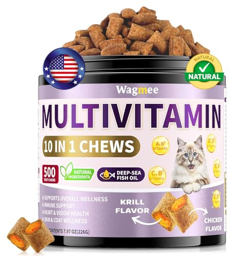Cat Multivitamin with Fish Oil, 500 Crunchy & Creamy Chews - 10 In 1 Vitamins Support, Skin & Coat Supports - with Omega 3s, Taurine, Biotin for Cat All Breeds & Ages - Krill Flavor